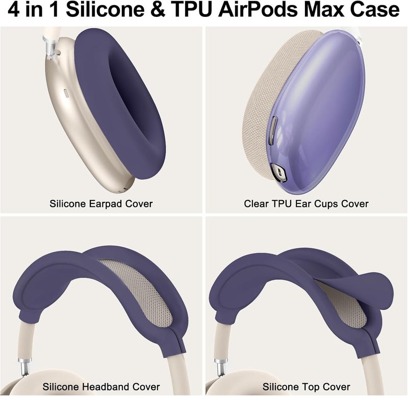 MINDRESY [4 in 1] Silicone Case Cover for AirPods Max, Clear Soft TPU Ear Cups Cover/Ear Pad Case Covers/Headband Covers Transparent Accessories for Apple AirPods Max (2024/2020)(USB-C/Lightning), Dark Purple - Image 3